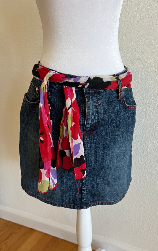 Dark Wash Denim Skirt w/ Scarf Belt