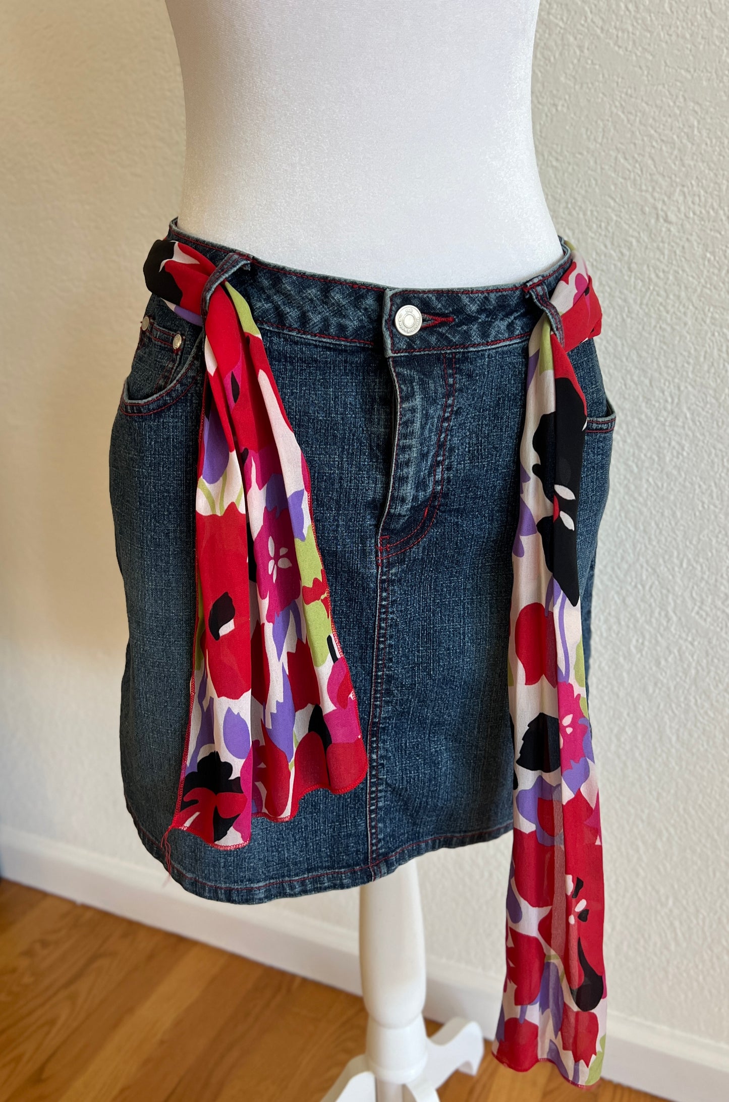 Dark Wash Denim Skirt w/ Scarf Belt