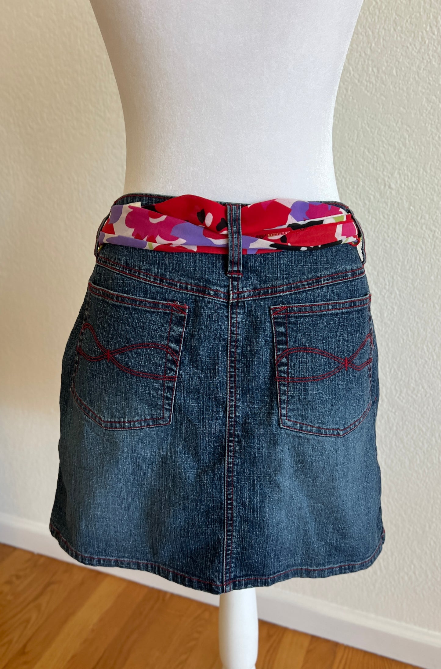 Dark Wash Denim Skirt w/ Scarf Belt