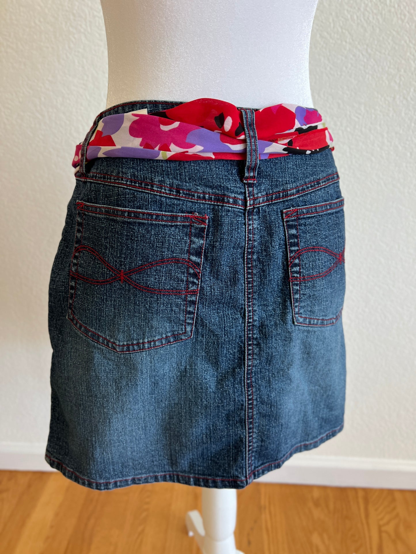 Dark Wash Denim Skirt w/ Scarf Belt