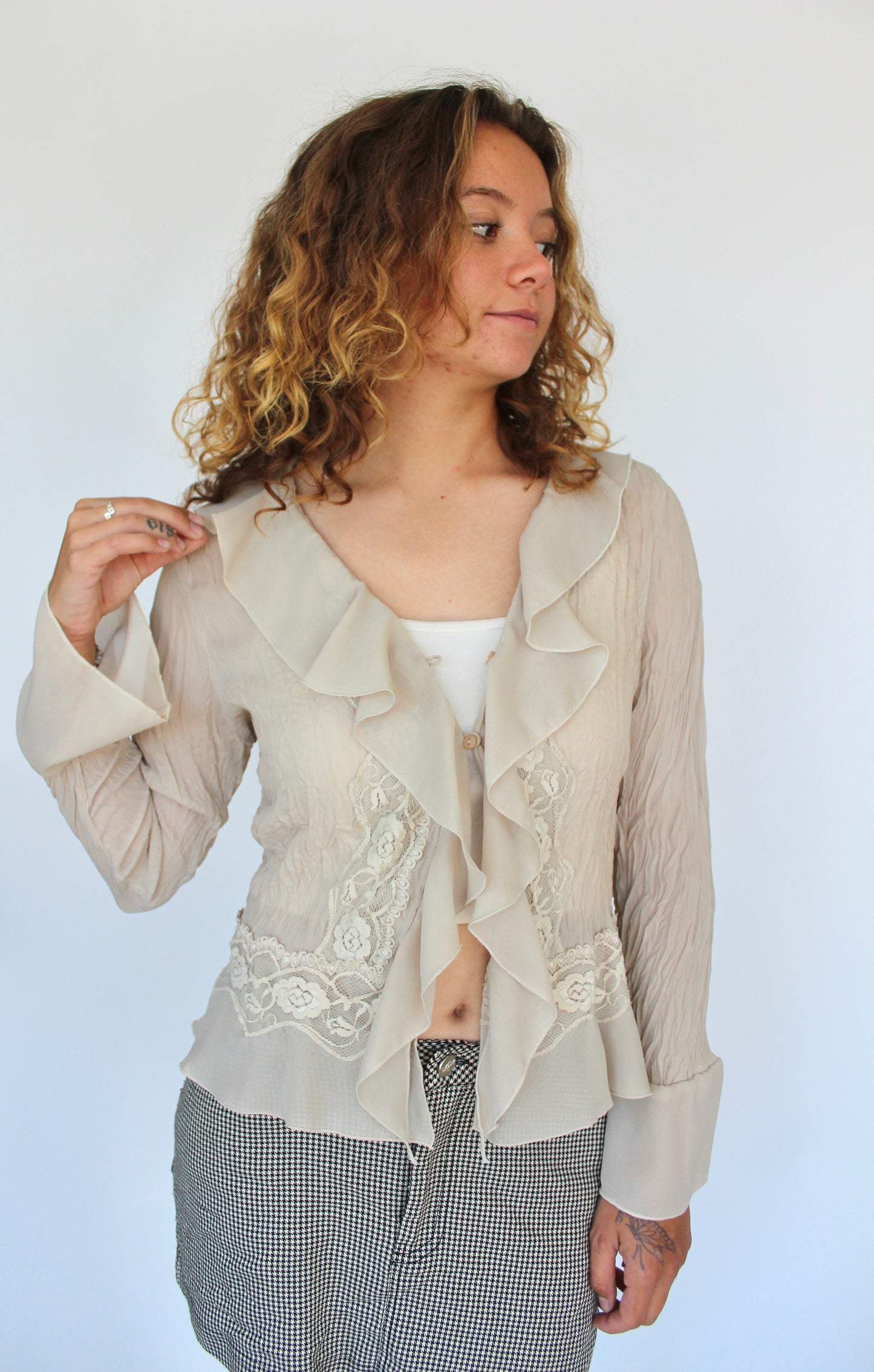 Cream Lace & Ruffle Blouse- M