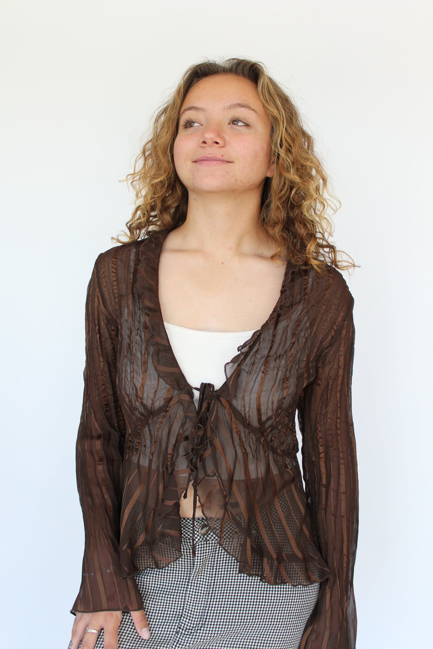 Brown Striped Sheer Blouse- M