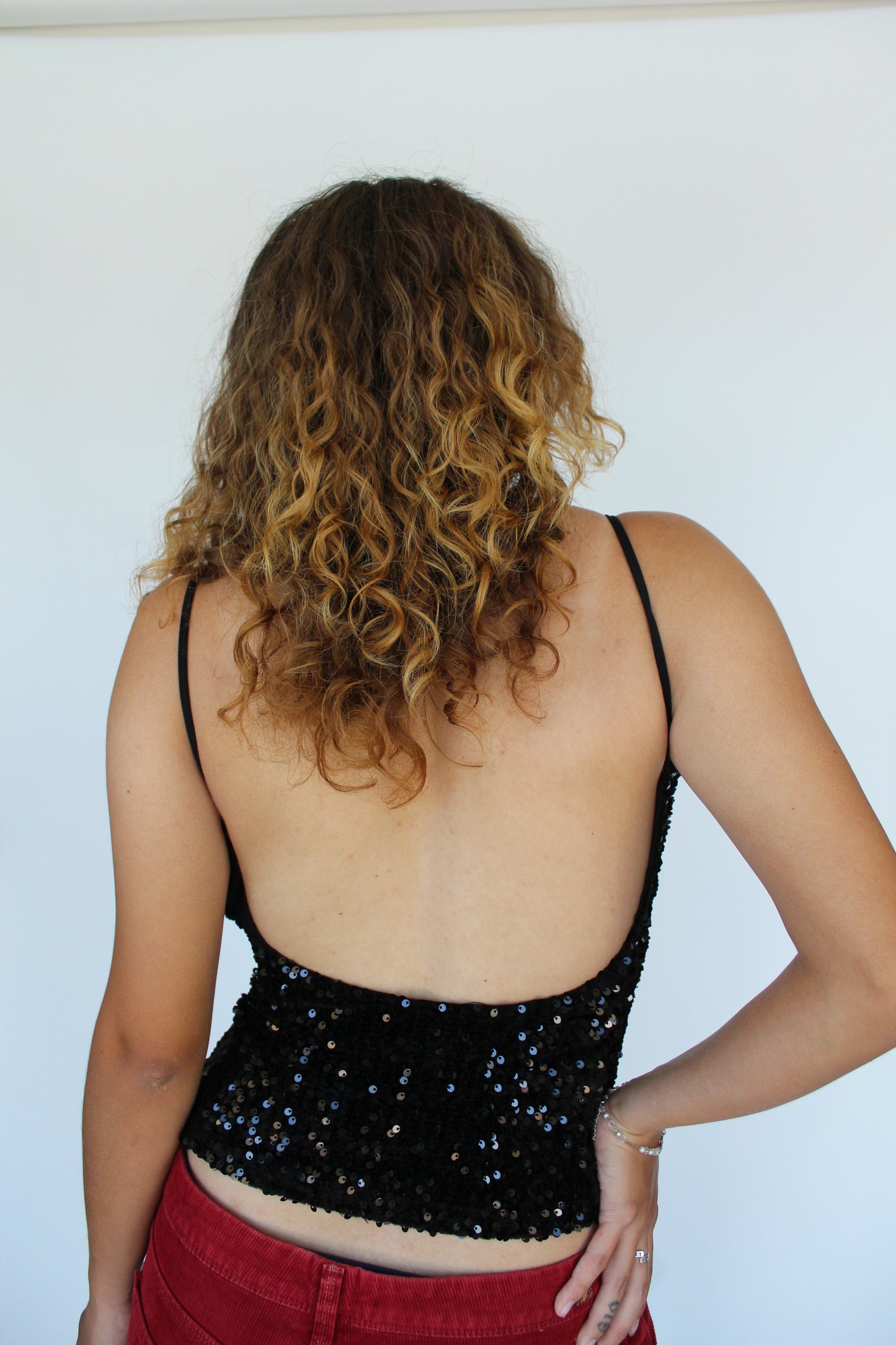 Black Sequin Backless Tank Top- S
